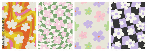 Trendy floral poster illustration set. Vintage 70s style hippie flower background collection. Colorful pastel color groovy artwork, y2k nature backdrop with daisy flowers.