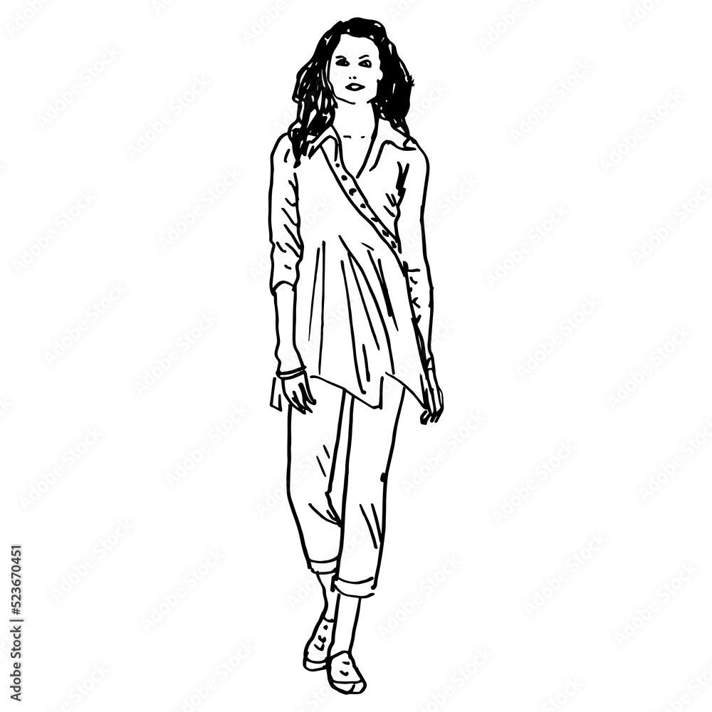 Standing pretty woman wearing capri pants and tunic. Hand drawn linear