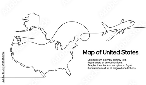 Continuous one line drawing of United States domestic aircraft flight routes. US map icon and airplane path of airplane flight route with starting point location and single line trail in doodle style