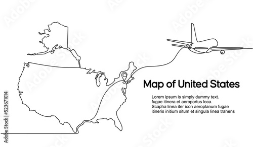 Continuous one line drawing of United States domestic aircraft flight routes. US map icon and airplane path of airplane flight route with starting point location and single line trail in doodle style