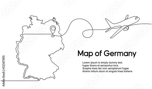 Continuous one line drawing of Germany domestic aircraft flight routes. Germany map icon and airplane path of airplane flight route with starting point location and single line trail in doodle style.
