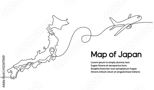 Continuous one line drawing of Japanese domestic aircraft flight routes. Japan map icon and airplane path of airplane flight route with starting point location and single line trail in doodle style.