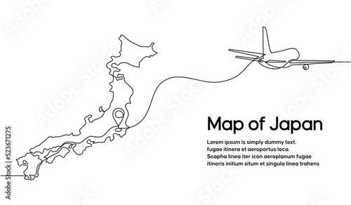 Continuous one line drawing of Japanese domestic aircraft flight routes. Japan map icon and airplane path of airplane flight route with starting point location and single line trail in doodle style.