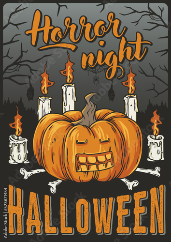 Halloween poster with pumpkin and candle for autumn party. Happy halloween composition for night holiday design