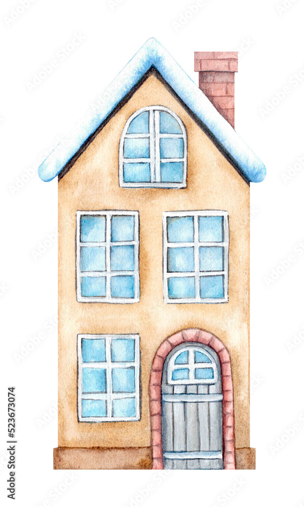 A watercolor winter home of two stories with windows, a door, and a brick chimney. Painted by hand. Isolated on a white background.