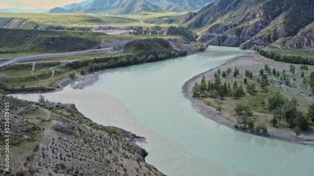 Gorny Altai, August 2022, Confluence of the Chuya River with the Katun River. Gorny Altai, August 2022, Confluence of the Chuya River with the Katun River.