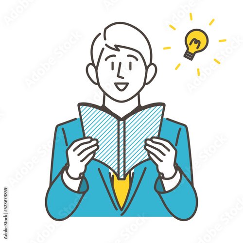 Vector illustration of a male businessperson investing in himself. He is reading.