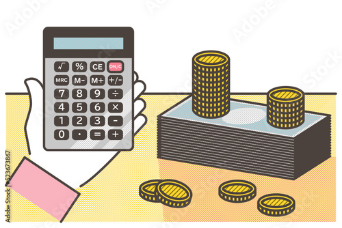 Vector illustration of a calculator with coins and banknotes. Household economy and saving concept.