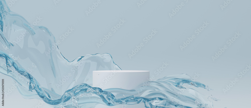 3d cosmetic background. podium with abstract water splash blue background for banner, product or cosmetics presentation. 3d rendering illustration. - obrazy, fototapety, plakaty 
