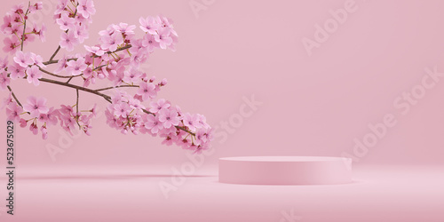 Cosmetic background. japanese style minimal podium and cherry blossom pink background for product presentation. 3d rendering illustration.