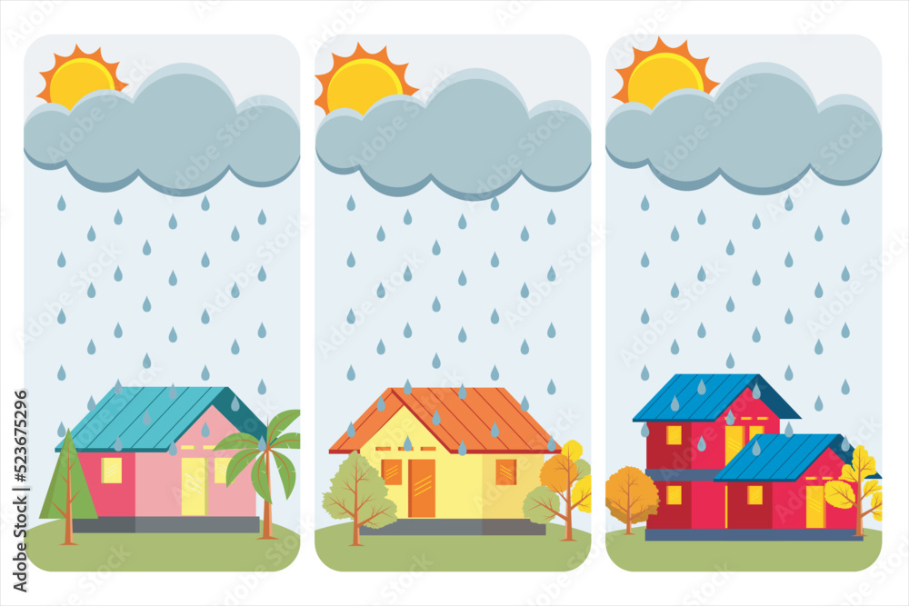 Monsoon season. Rainy season. Illustration of heavy rain. Vector