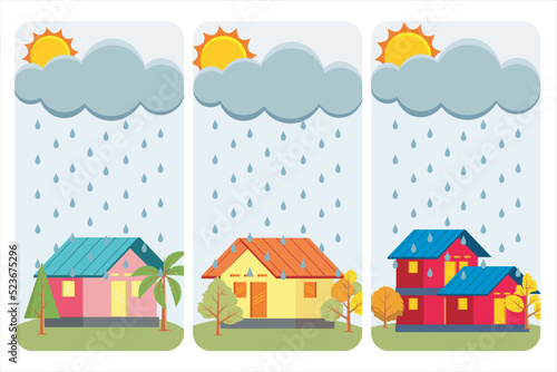Monsoon season. Rainy season. Illustration of heavy rain. Vector illustration of rain in a simple house