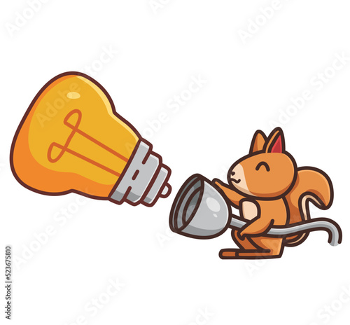 cute squirrel holding cable ready install a lamp. cartoon animal science technology concept Isolated illustration. Flat Style suitable for Sticker IconDesign Premium Logo vector. Mascot Character