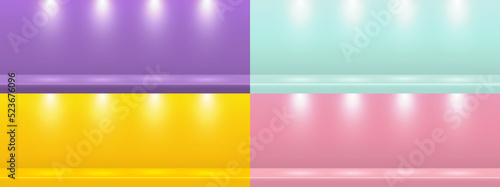 Set of Purple, Green, Yellow, and Pink scene background. Empty horizontal studio for product display, advertising, show, winner, on pastel color backdrop. Blank stage table floor. Vector illustration.