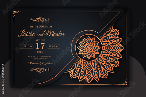 Luxury Mandala Wedding Invitation Card template with golden arabesque pattern Arabic Islamic east background style. Editable vector file. Decorative mandala for print, poster, cover, flyer, banner
