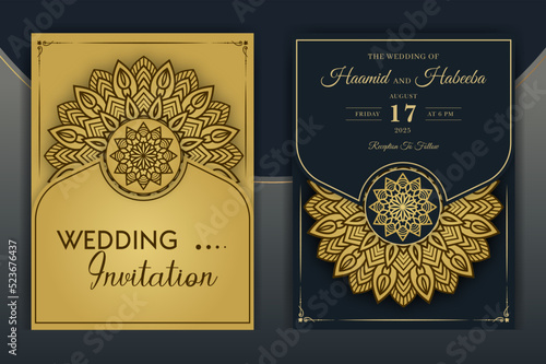 Luxury Mandala Wedding Invitation Card template with golden arabesque pattern Arabic Islamic east background style. Editable vector file. Decorative mandala for print, poster, cover, flyer, banner