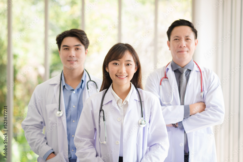 Group of Asian doctors team portrait standing with colleagues in background.