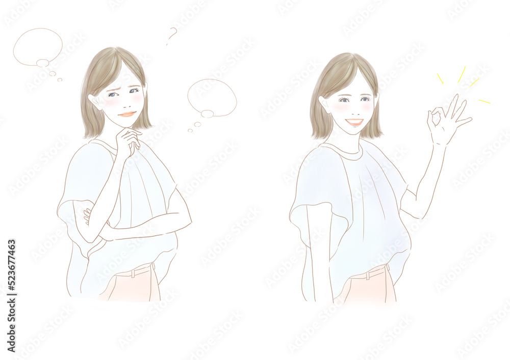 女性　悩む顔＆OKポーズのセット