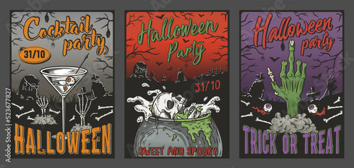 Halloween poster set for cementary scary party. Autumn october banner with zombie hand and skulls