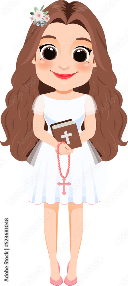 First Communion For Girls or Girl Holding a Bible and a Rosary for religious holidays First Communion For Girls or Girl Holding a Bible and a Rosary for religious holidays