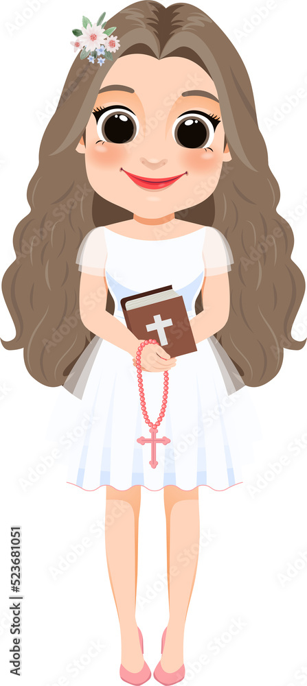 First Communion For Girls or Girl Holding a Bible and a Rosary for religious holidays First Communion For Girls or Girl Holding a Bible and a Rosary for religious holidays