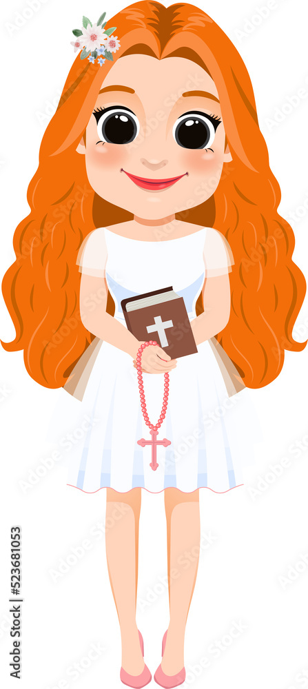 First Communion For Girls or Girl Holding a Bible and a Rosary for religious holidays