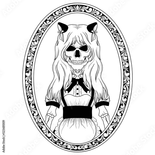 tattoo and t shirt design black and white hand drawn maid skull