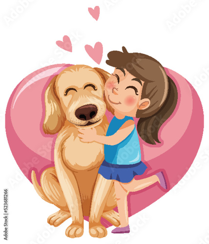 A girl playing with her dog on heart background