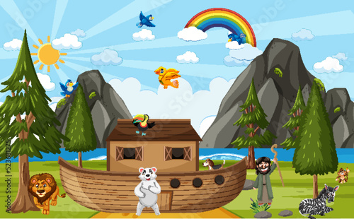 Noah's Ark with wild animals in nature scene