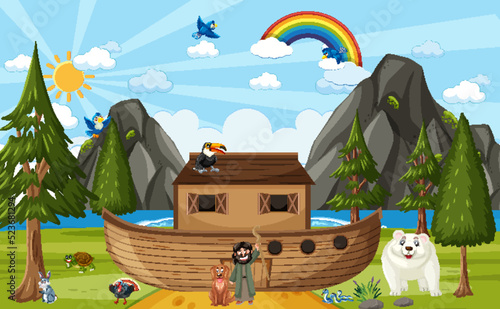 Noah's Ark with wild animals in nature scene