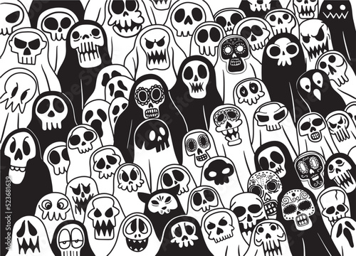 Halloween ghost design. Halloween ghosts with scary faces, eerie phantoms, and linear ghosts, illustration for coloring book 