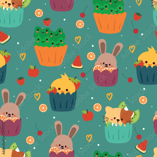 seamless pattern cartoon animal cupcake. cute animal wallpaper for textile  gift wrap paper