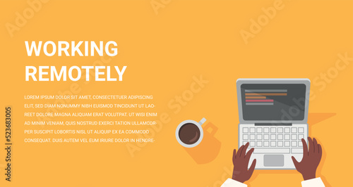 working from home illustration for website. remote work vector background. working on a laptop with coffee