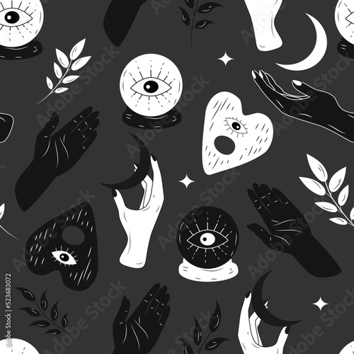 vector seamless pattern in a flat style on the theme of witchcraft, mysticism. pattern with magic balls, hands, and herbs