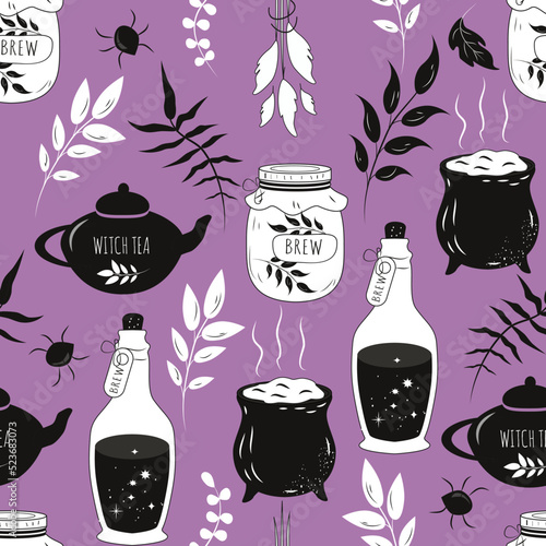 vector seamless pattern in a flat style on the theme of witchcraft, mysticism. pattern with magic herbs