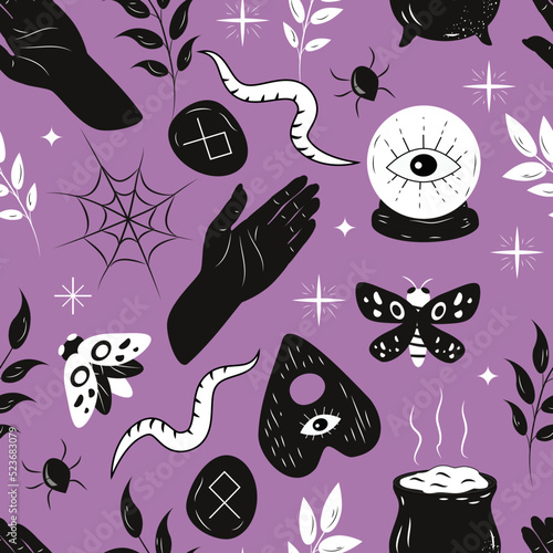 vector seamless pattern in flat style for halloween. pattern with witch and mystic items