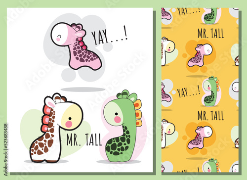 Fototapeta Naklejka Na Ścianę i Meble -   Flat cute baby giraffe illustration for kids  and pattern set
