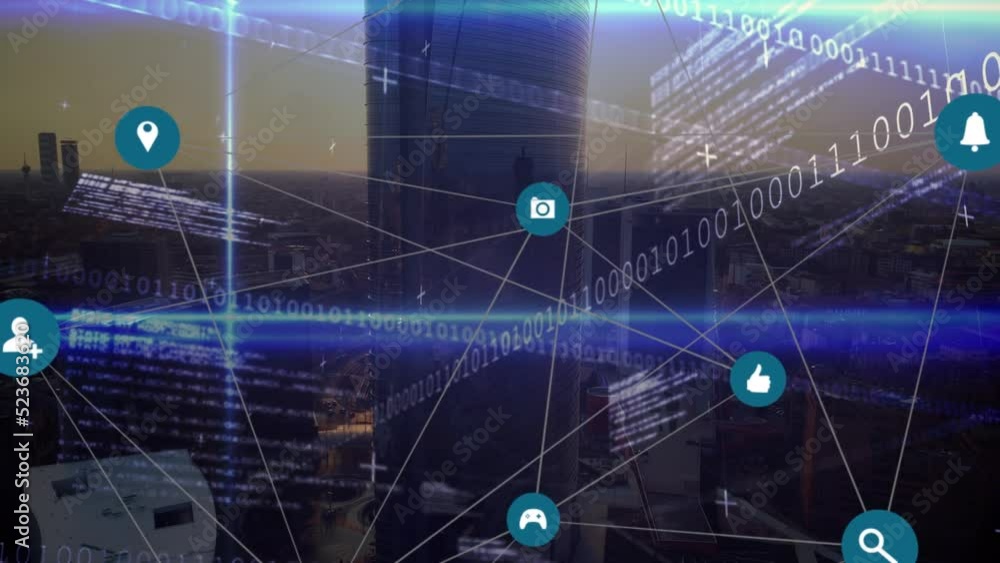 Animation of network of digital icons and data processing against aerial view of cityscape Animation of network of digital icons and data processing against aerial view of cityscape