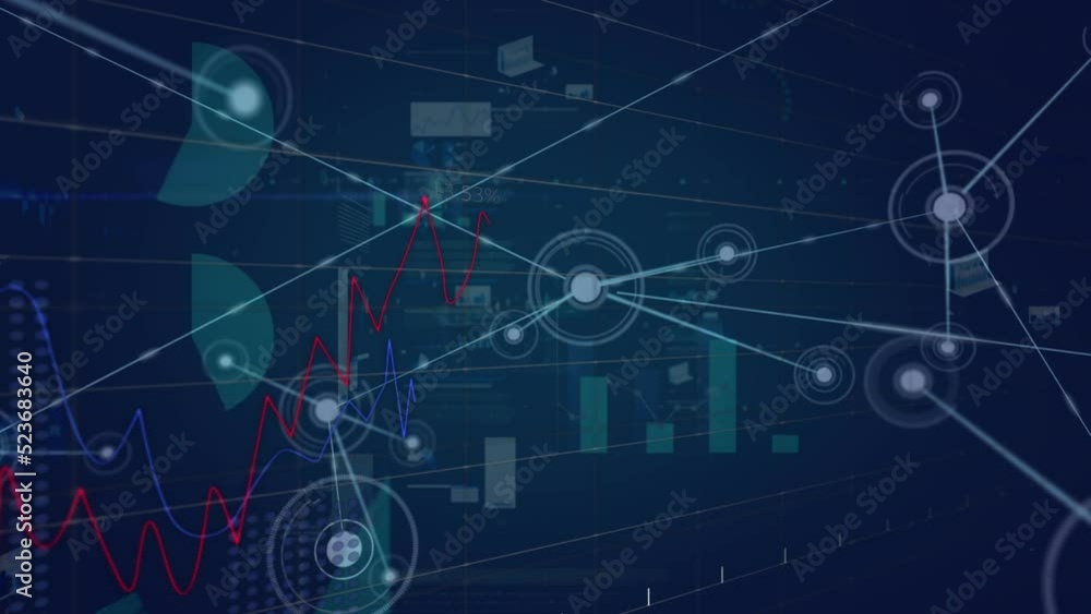 Animation of network of connections over data processing against blue background Animation of network of connections over data processing against blue background