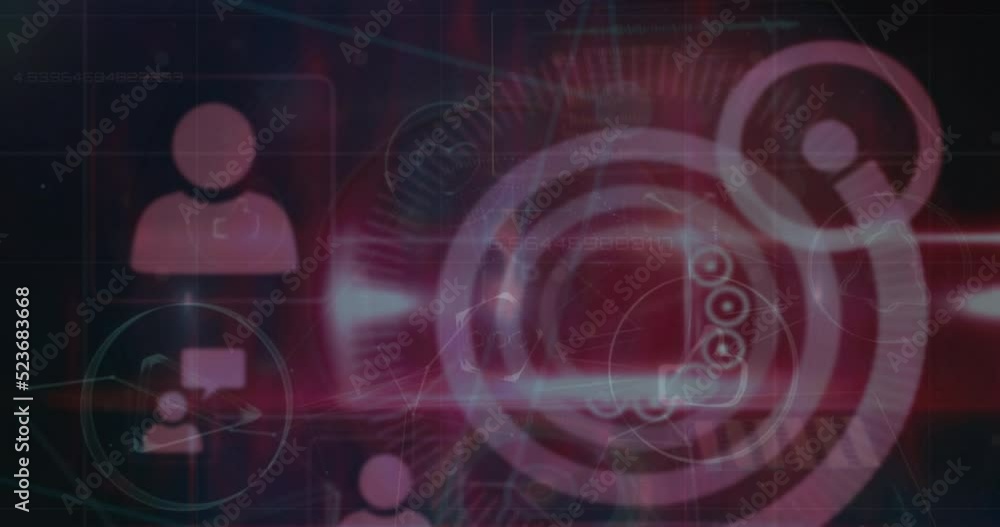 Animation of digital icons and data processing against black background Animation of digital icons and data processing against black background