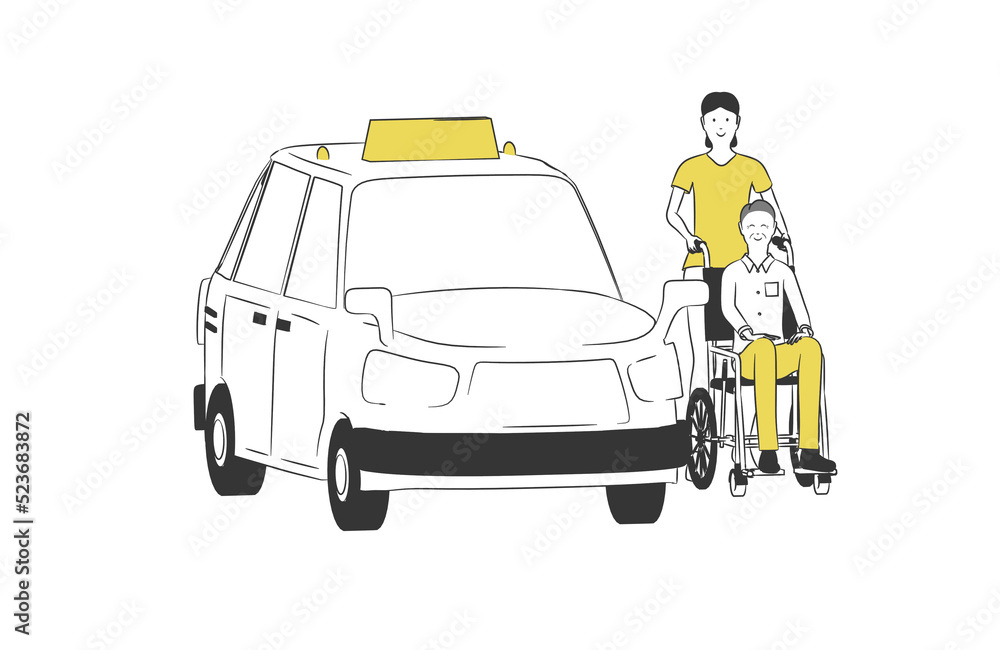 車椅子でタクシーに乗る人のシンプルなイラスト