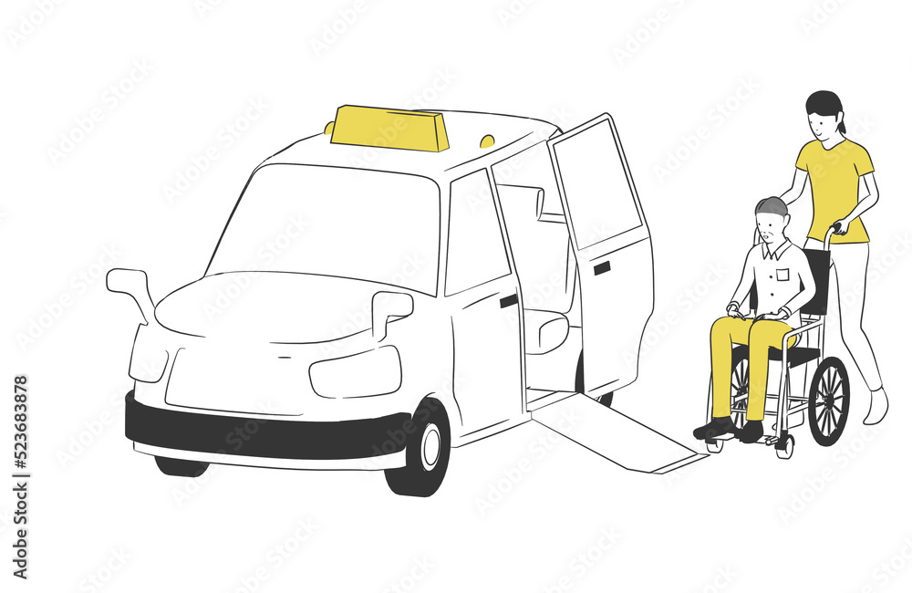 車椅子でタクシーに乗る人のシンプルなイラスト 車椅子でタクシーに乗る人のシンプルなイラスト