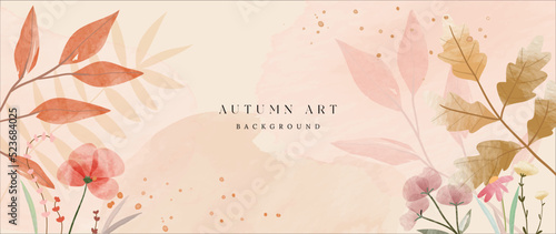 Autumn foliage in watercolor vector background. Abstract wallpaper design with leaf branch, flowers, line art. Elegant botanical in fall season illustration suitable for fabric, prints, cover. 