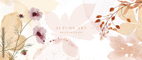 Autumn foliage in watercolor vector background. Abstract wallpaper design with leaf branch, flowers, line art. Elegant botanical in fall season illustration suitable for fabric, prints, cover. 