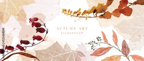 Autumn foliage in watercolor vector background. Abstract wallpaper design with leaf branch, flowers, line art. Elegant botanical in fall season illustration suitable for fabric, prints, cover. 