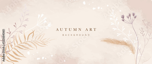 Autumn floral in watercolor vector background. Abstract wallpaper design with wildflower, wild grass, flowers. Minimal botanical in fall season illustration suitable for fabric, prints, cover. 