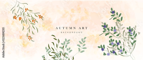 Autumn foliage in watercolor vector background. Abstract wallpaper design with leaf branch, fruit, berry, flower. Elegant botanical in fall season illustration suitable for fabric, prints, cover. 
