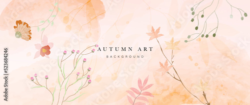 Autumn floral in watercolor vector background. Abstract wallpaper design with maple, flowers, wildflowers. Elegant botanical in fall season illustration suitable for fabric, prints, cover. 