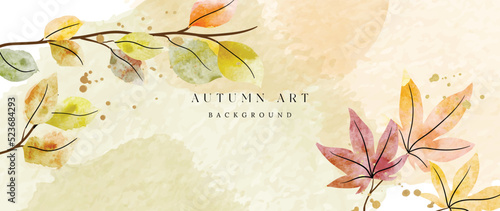 Autumn foliage in watercolor vector background. Abstract wallpaper design with maple, leaf branch, line art. Elegant botanical in fall season illustration suitable for fabric, prints, cover. 