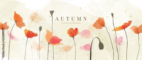 Autumn floral in watercolor vector background. Abstract wallpaper design with garden, flowers, wildflowers. Elegant botanical in fall season illustration suitable for fabric, prints, cover. 